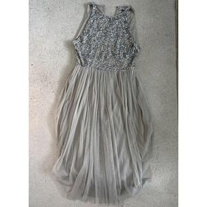 ASOS Beautt Silver Sequin Tulle Dress UK 14 US 10 Sleeveless Party Cocktail‎